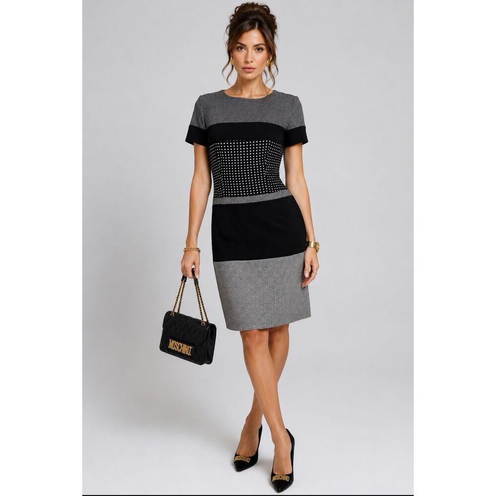 Moschino Cheap & Chic Mixed Print Sheath Dress Polka Dot Houndstooth M